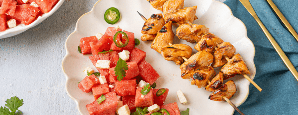 Spicy Watermelon Salad with Grilled Chicken Kabobs