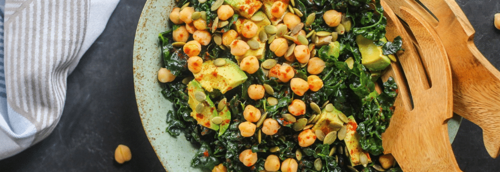 Lemon kale salad with chickpeas and avocado